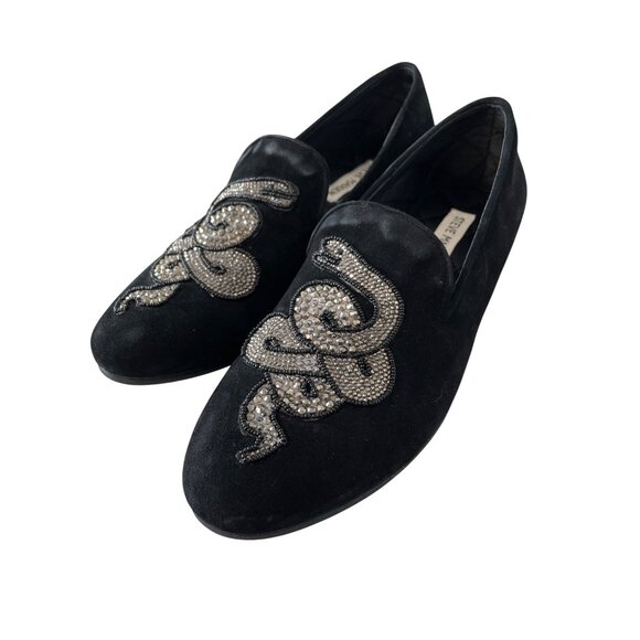 Steve Madden Loafers Size 7.5 Black Velvet Snake Rhinestone Embellished Slip On - Picture 1 of 13